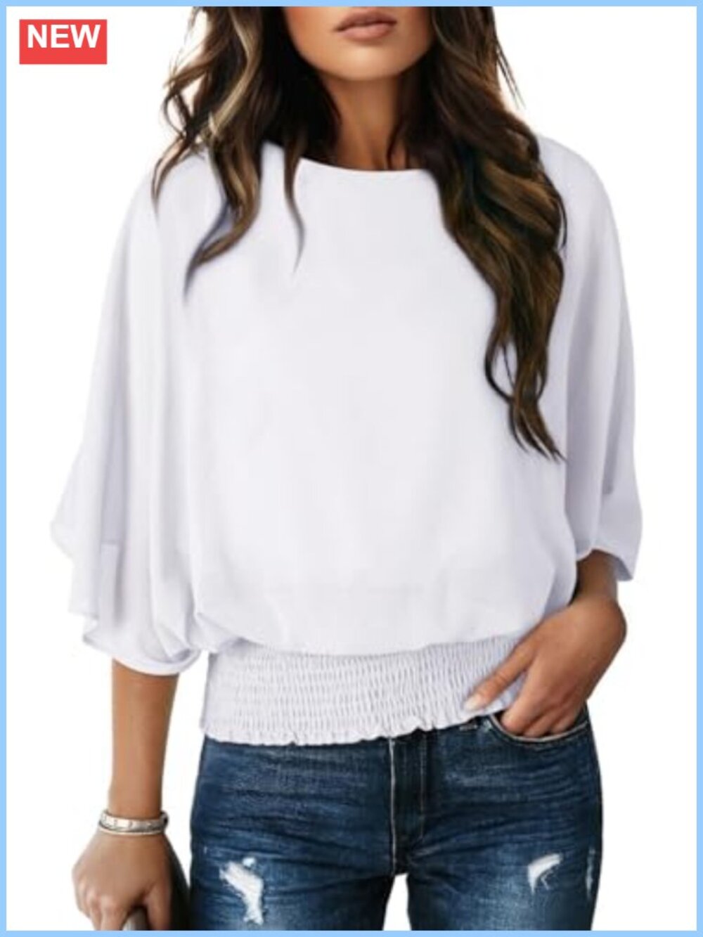Chiffon Blouse with Boat Neck, 3/4 Sleeve Smocked Waist Flowy Top